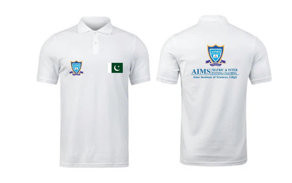 White polo shirt with logos on a white background