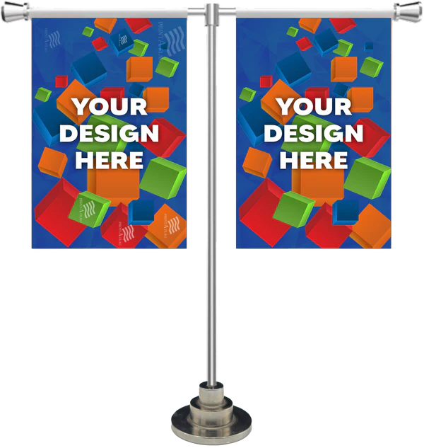 Double-sided desk flag with T-stand base.