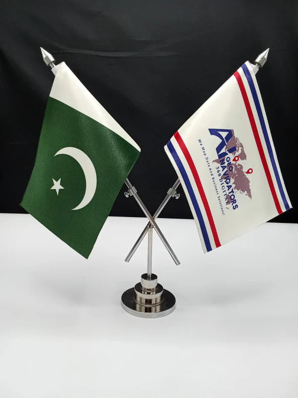 Double table flag with X-stand, double-sided printing on imported silk, customizable.