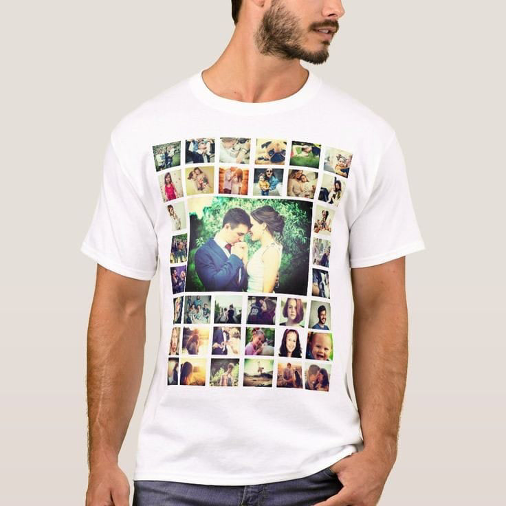 White t-shirt with a collage of photos on a plain background