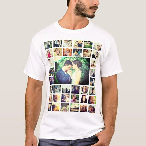 White t-shirt with a collage of photos on a plain background