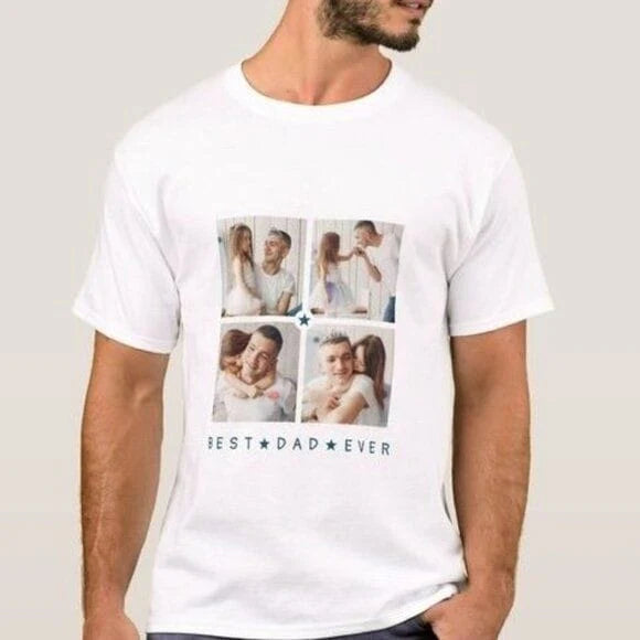White t-shirt with photo collage and 'Best Dad Ever' text on a plain background